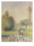 Jeune femme  dans une prairie  au bord d'une mare