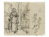 Jeune femme devant un parc et trois croquis