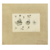 Modèle de décor pour un vase-cornet Louis XV : trois paysages lacustres inscrits dans des