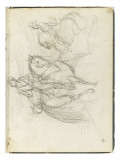 Album : Deux études de cavaliers à cheval ; croquis de guerrier casqué