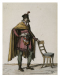 Etude de costume de fonctionnaire : tunique rouge  ceinture blanche bariolée  hauts de chausse