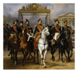 Sortant par la grille d'honneur du château de Versailles après avoir passé une revue militaire