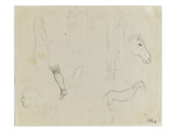 Feuille de croquis : personnages  chevaux  tête de cheval  et tête d'homme