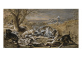 Chasse avec un combat d'animaux au premier plan : chiens et loups; "Le Grand Dauphin fils de Louis