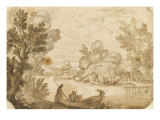 Paysage avec des barques transportant des hommes et des vaches sur l'eau