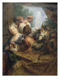 Jeune noir tenant une corbeille de fruits et jeune fille caressant un chien