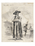 Personnage debout coiffé d'un grand chapeau; au fond deux personnages et des maisons; Projet non