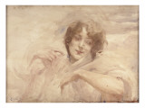 Jeune femme en buste  regardant vers le bas à droite