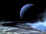 Astronaut Standing on the Edge of a Lake of Liquid Methane at the Bottom of a Large Impact Crater