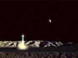 The Earth Hangs in the Low Lunar Sky as a Sleek Moonship Lifts Off from the Lunar Hills
