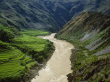 The Mekong River Running Past Terraced Fields in the Mountains