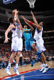 New Orleans Hornets v Philadelphia 76ers: Spencer Hawes  Trevor Ariza and Andre Iguodala