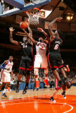Miami Heat v New York Knicks: Raymond Felton  Joel Anthony and LeBron James