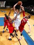 Philadelphia 76ers v Washington Wizards: JaVale McGee  Marreese Speights and Andres Nocioni