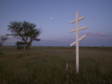 A Grave Marker Stands Out in Early Morning at a Cemetery