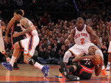 Miami Heat v New York Knicks: Wilson Chandler  James Jones and Raymond Felton