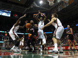Miami Heat v Milwaukee Bucks: Dwyane Wade  Larry Sanders  John Salmons and Andrew Bogut