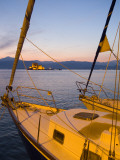 Sailboats and Bourtzi Castle in Navplion's Harbor at Twilight