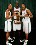 Ray Allen  Kevin Garnett  and Paul Pierce of the Boston Celtics: Game Six NBA Finals: June 17  2008