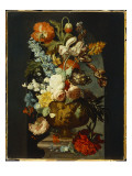Tulips  Roses  Hyacinth  Auricula and Flowers in a Sculpted Urn on a Stone Pedestal in a Niche