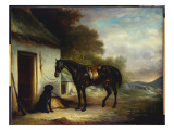 Mr Stuart's Favourite Hunter  Vagabond' and His Flatcoated Retriever  Nell  by a Cottage Door