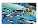 Boy Swimming with a Fish  Illustration from 'The Water Babies' by Charles Kingsley