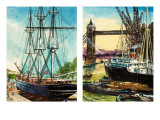 A Tall Ship in the Lower Reaches of the Thames and a Steam-Driven Cargo Ship Near Tower Bridge