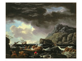 A Mediterranean Coastal Scene with Ships Foundering and Castaways