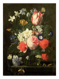 Rose  Tulip  Morning Glory and Other Flowers in a Glass Vase on a Stone Ledge