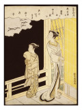 A Courtesan and Her Kamuro on a Verandah Watching Flying Geese in the Rain