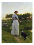 A Shepherdess with Her Dog and Flock in a Moonlit Meadow