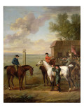 Racehorses with Jockeys Up by the Rubbing Down House on Newmarket Heath