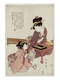 A Young Woman Seated at a Desk  Writing  a Girl with a Book Looks On