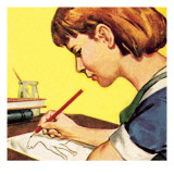 Girl Drawing with a Lead Pencil