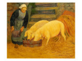 A Young Girl Feeding Two Pigs  1889