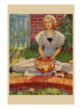 Woman Embroiders By The Side of a Home Pond
