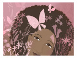 Woman Against Pink Background with Pink Flowers and Butterflies