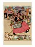 Cartoon Character Walks Thru an Old Town Carrying a Basket of Produce