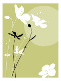 Black and White Flowers on Olive Background