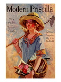 Young Girl Has a Hoe and a Gardening Basket