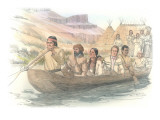 A Canoe Filled with Expedition Members Is Moving Away from an Indian Camp