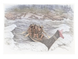 A Group of 5 Indian Men Paddling a Traditional Canoe Through Rough Water