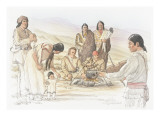 A Camp Scene with Several People Gathered around a Kettle on a Tripod over a Fire
