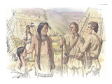 Two Corpsmen in an Indian Camp Meeting an Indian Man and Boy