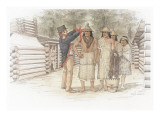 William Clark in Dress Uniform Is Showing a Piece of Red Ribbon to a Group of Four Indians