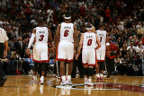 Orlando Magic v Miami Heat  Miami  FL - March 3: Dwyane Wade  LeBron James  Mike Bibby and Chris Bo