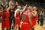 Chicago Bulls v Miami Heat  Miami  FL - March 6: Carlos Boozer  Derrick Rose  Keith Bogans and Taj 
