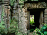 Lichen Covered Carvings Lead to a Doorway at Ta Proh