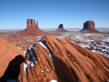 Buttes Towering Above Snowy Desert Floor of Monument Valley
