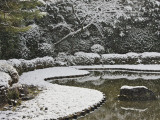 Snow Covered Trees Near Pond in Garden of Heian Shrine